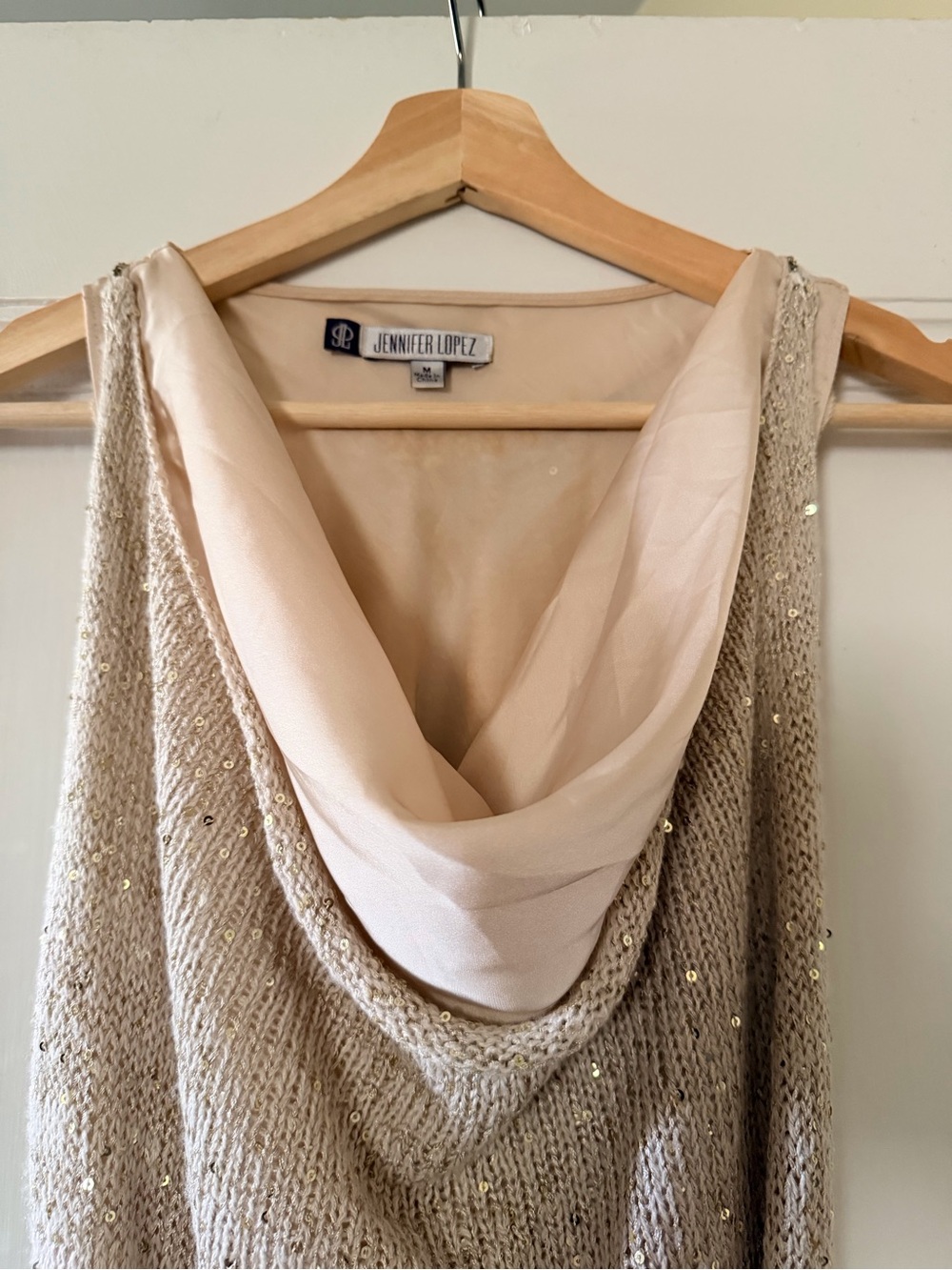 Jennifer Lopez Beige Cream Sequin Asymmetrical Cowl Neck Dress